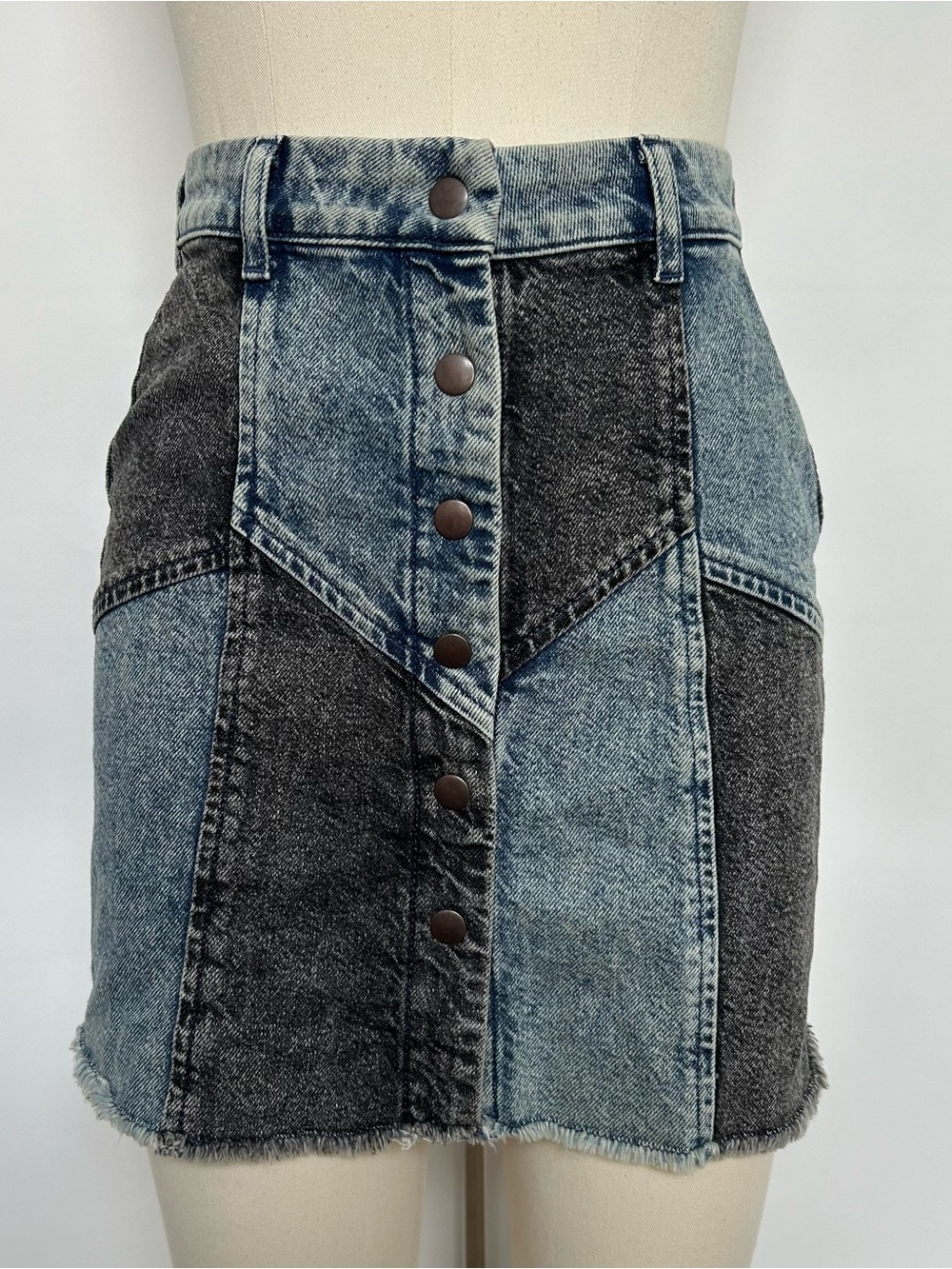 Rails Two-Tone Blue Denim Skirt with Logo Tag
